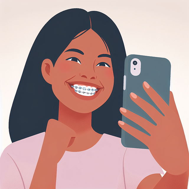 happy person with new braces taking a selfie