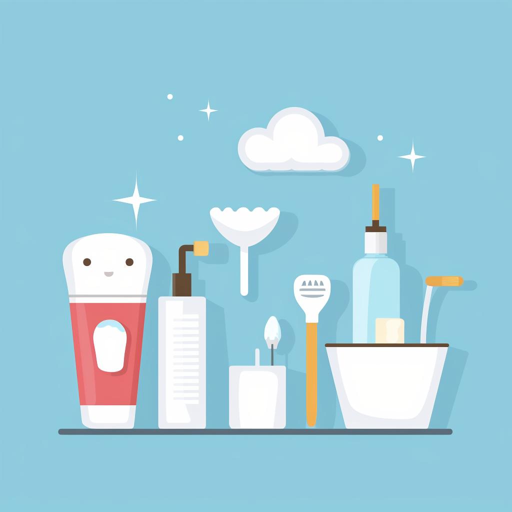 A collection of dental hygiene tools including a toothbrush, toothpaste, floss threader, and dental floss