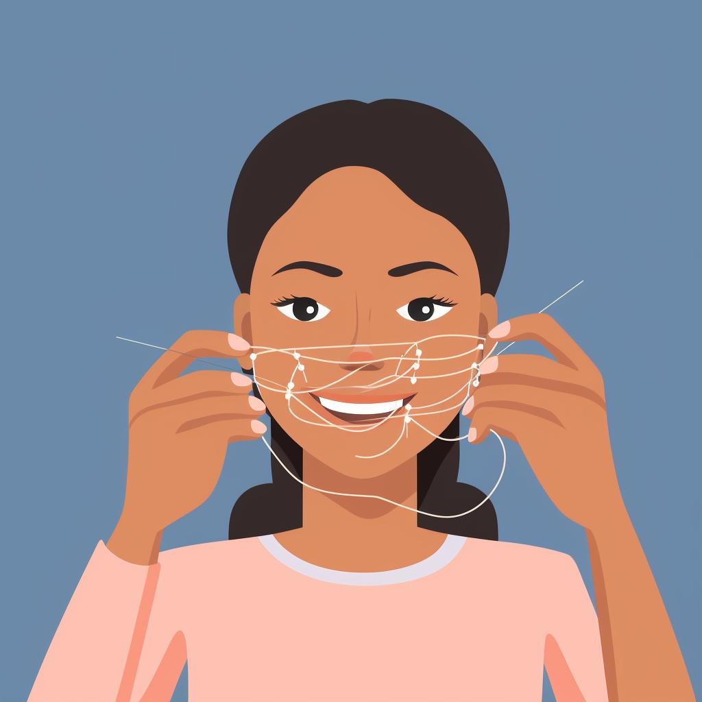 A person using a floss threader to floss between their braces.